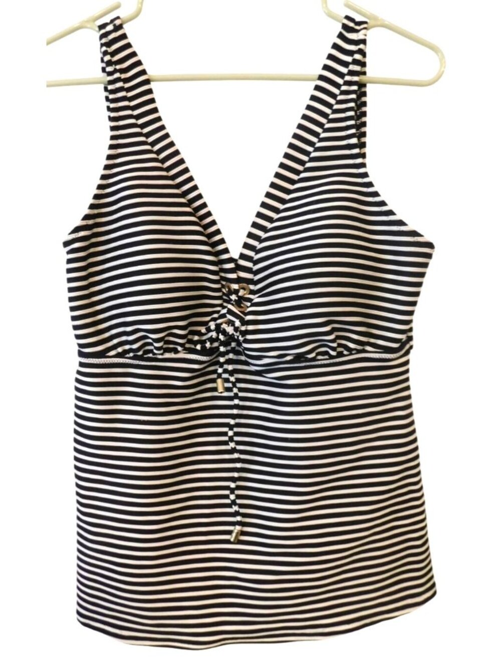 Lands End Sz 14 Striped Black & White Tankini Swim Top With Drawstring Detail